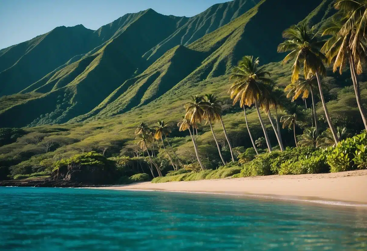 Lush green mountains meet crystal blue waters, with palm trees swaying in the gentle breeze. A secluded beach stretches out, inviting couples to relax and enjoy the serene beauty of Hawaii