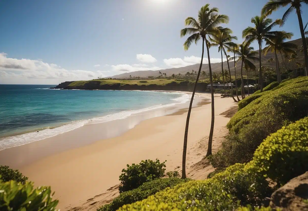 The golden sands of Hapuna Beach stretch out to meet the crystal-clear waters of the Pacific Ocean, with lush greenery and palm trees lining the shore