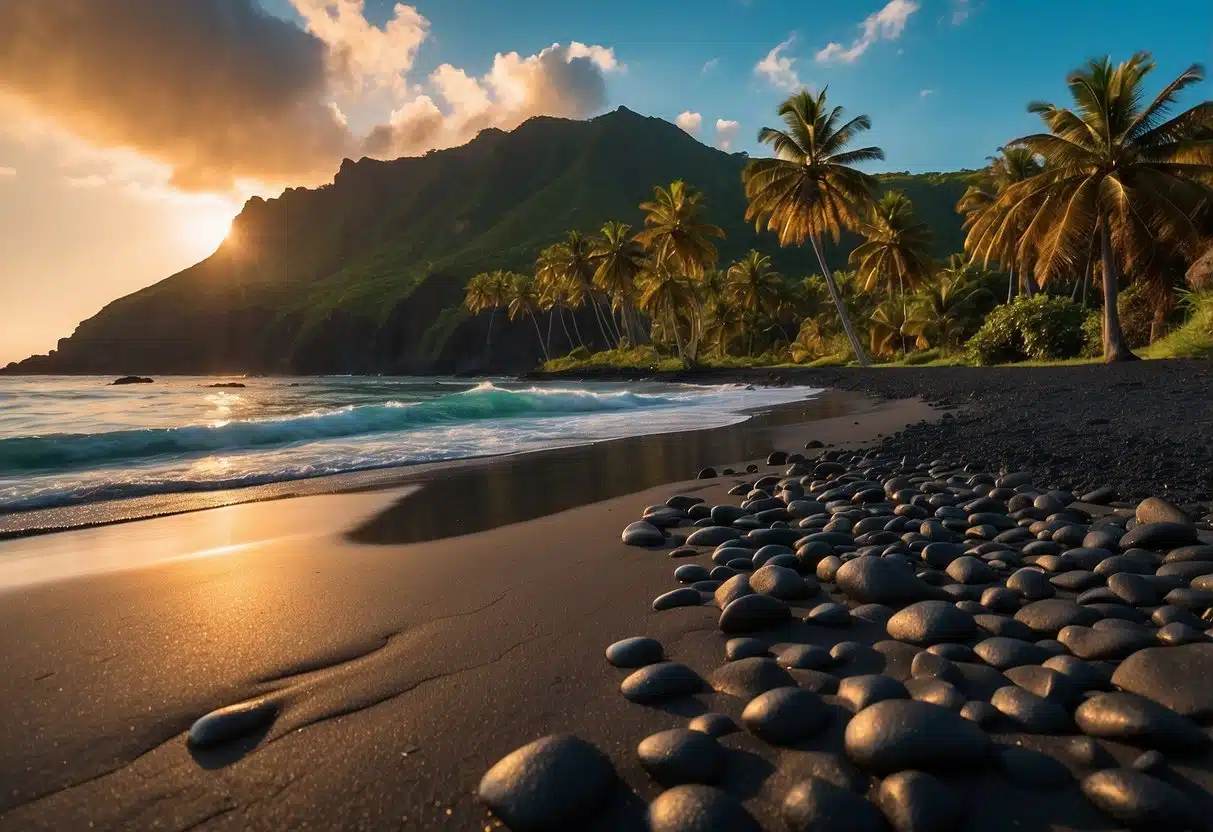 A serene black sand beach with palm trees, turquoise waters, and volcanic rock formations. The sun sets over the horizon, casting a warm glow on the landscape