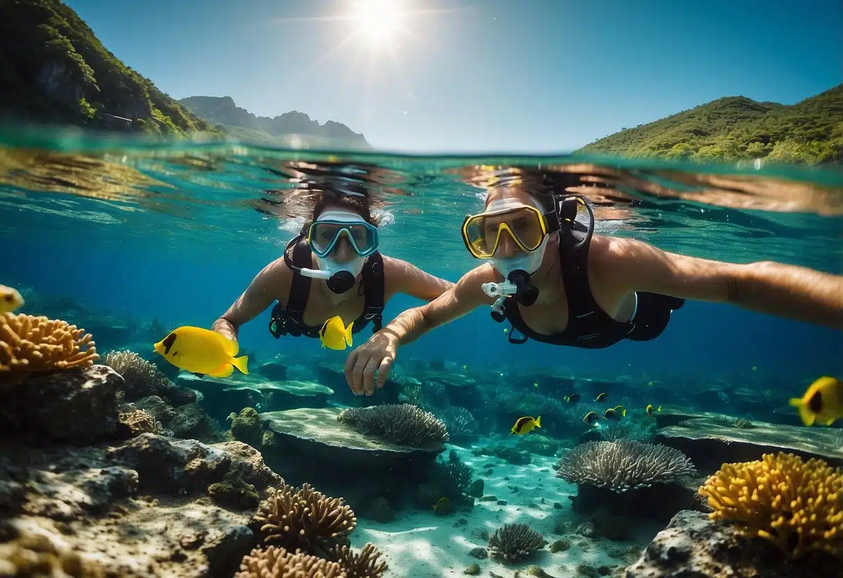 A couple snorkeling in crystal-clear waters, surrounded by colorful fish and coral reefs, with lush green mountains in the background