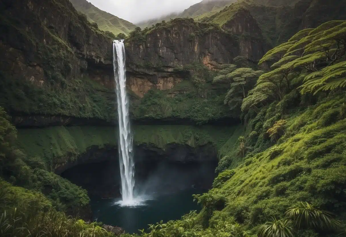 Waimoku Falls on Maui, a stunning 400-foot cascade surrounded by lush greenery and dramatic cliffs, making it a perfect scene for an illustration