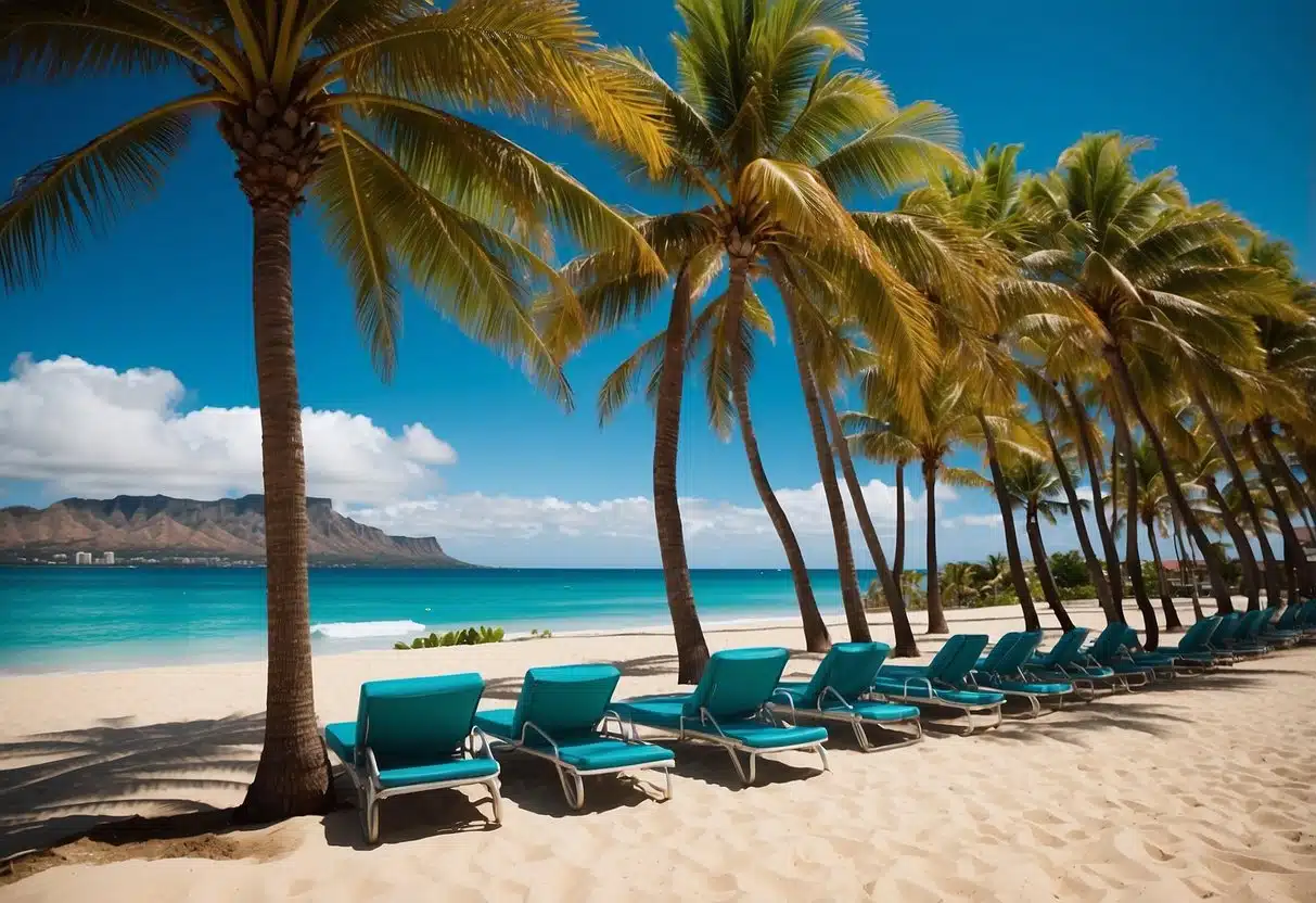 Waikiki Beach, Oahu: palm trees, white sand, turquoise water, and Diamond Head in the distance