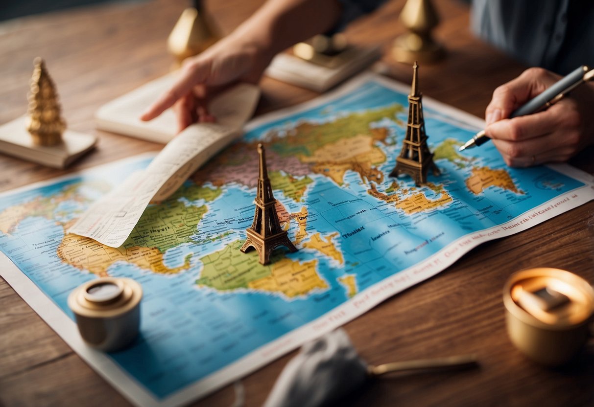 A scenic landscape with 10 iconic landmarks, each representing a bucket list destination. A map and pen to symbolize the process of creating a travel bucket list