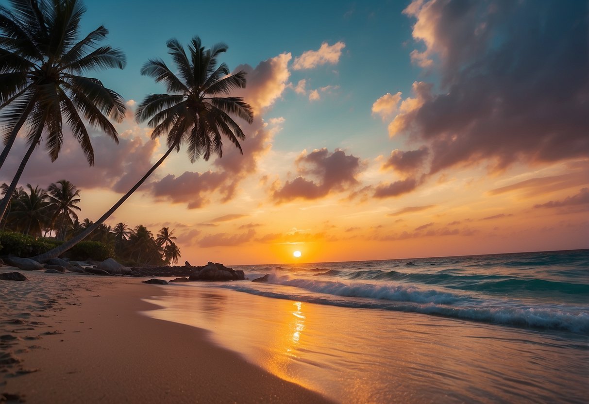 A stunning sunset over a serene beach with palm trees, crystal clear water, and a colorful sky, creating a perfect bucket list destination