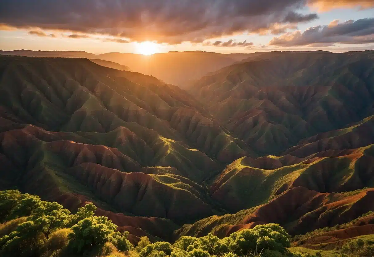 Sunset over Waimea Canyon, Kauai. Lush greenery, cascading waterfalls, and red rock formations create a breathtaking natural landscape
