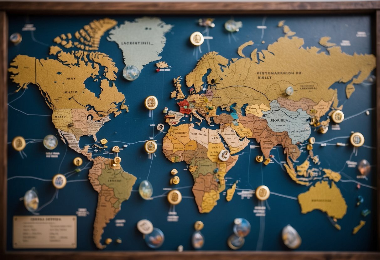 A world map with pins marking 10 bucket list destinations. Each pin is labeled with a unique place to visit, surrounded by travel guides and journals