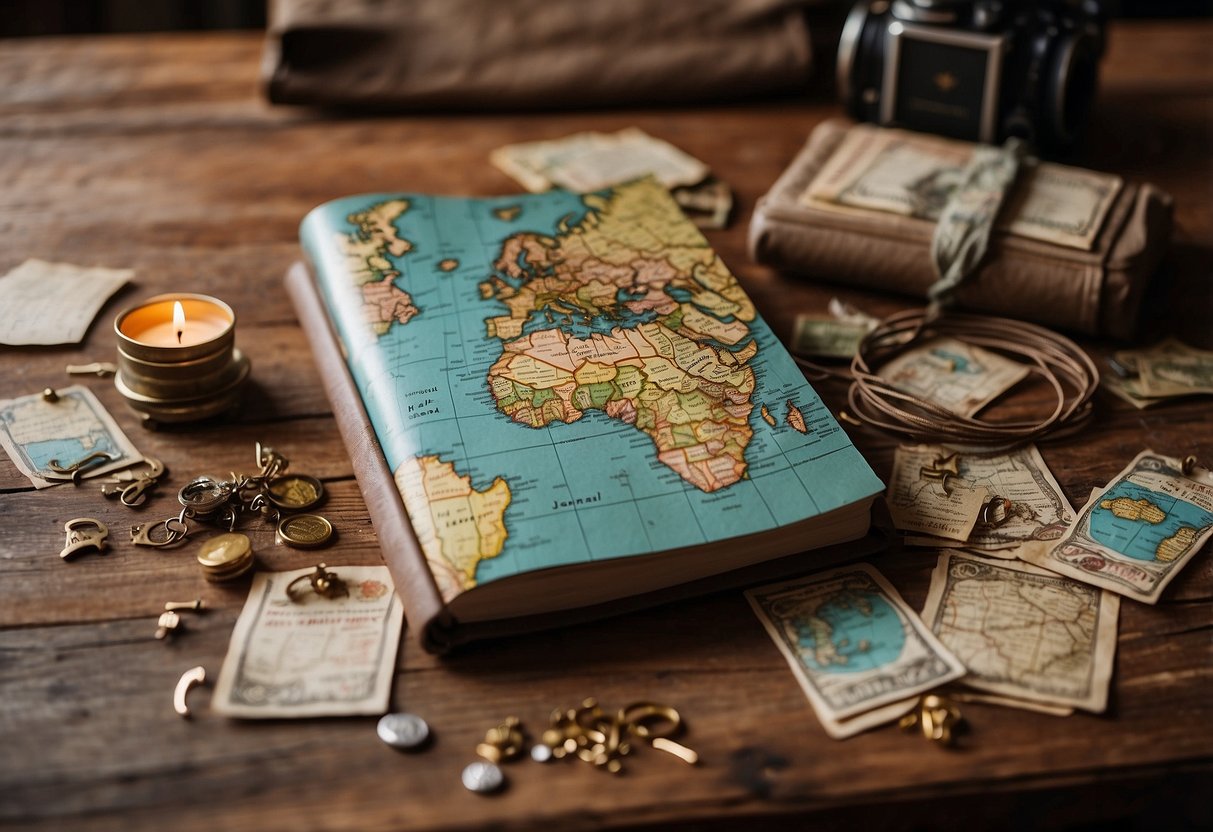 A traveler's journal lies open on a rustic wooden table, surrounded by postcards and souvenirs from exotic destinations. A world map hangs on the wall, marked with pins and colorful strings tracing past adventures