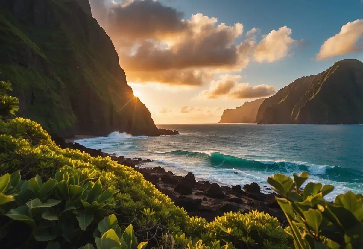 The sun sets behind the rugged cliffs of Na Pali Coast, casting a warm glow over the turquoise waters and lush greenery. Waves crash against the shore, creating a serene and picturesque scene