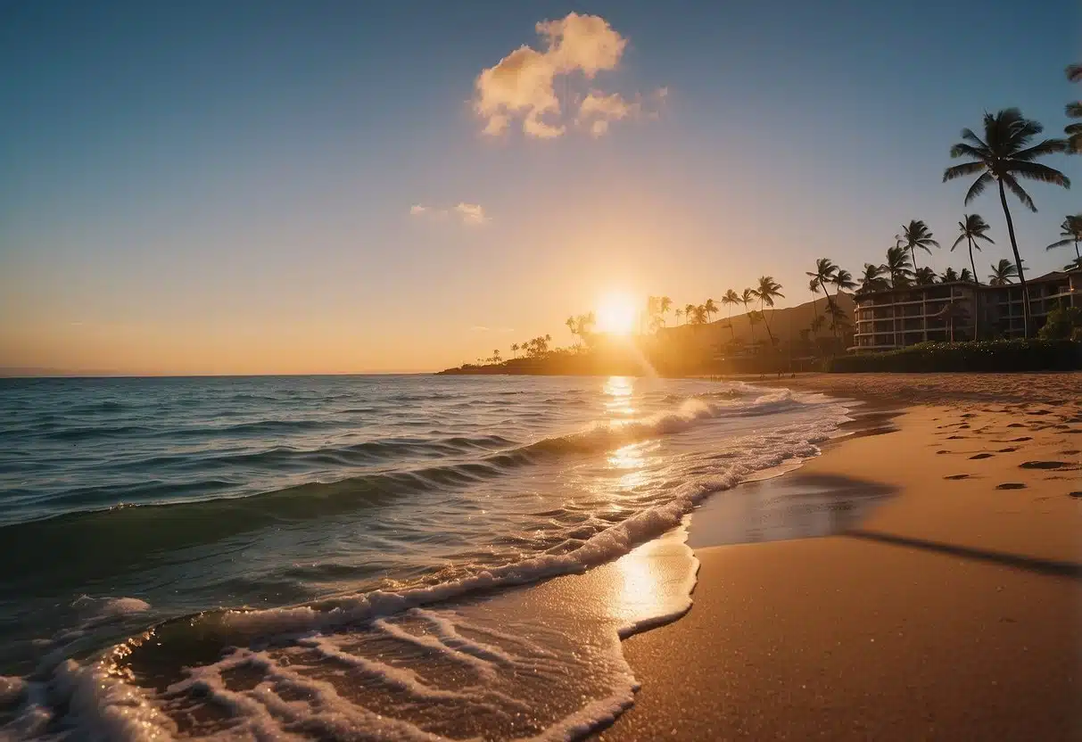 Sunset over Kaanapali Beach, with palm trees swaying in the gentle breeze, golden sand, and crystal clear waters