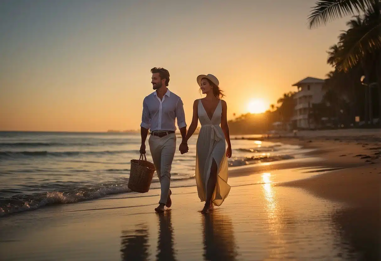 A couple walks along a secluded beach at sunset, with palm trees swaying in the gentle breeze and the ocean glistening in the golden light