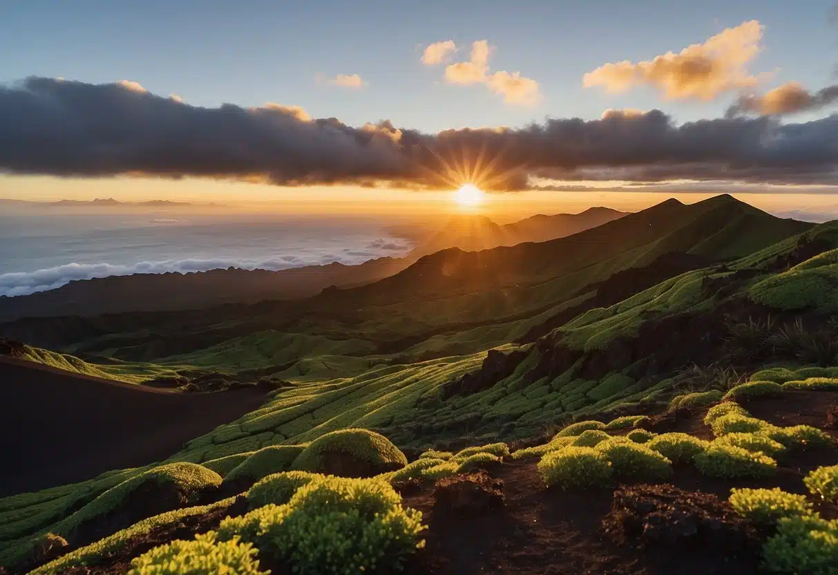Sunrise over Haleakala National Park, Maui. Crater and lush greenery. Serene and romantic setting for a honeymoon in Hawaii
