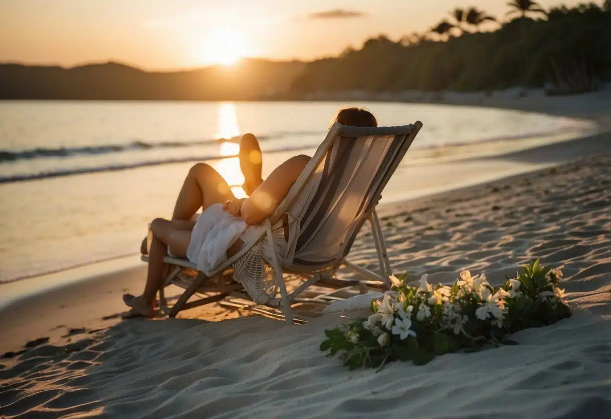 A couple lounges on a secluded beach, surrounded by lush greenery and crystal-clear waters. The sun sets behind them, casting a warm glow over the serene landscape