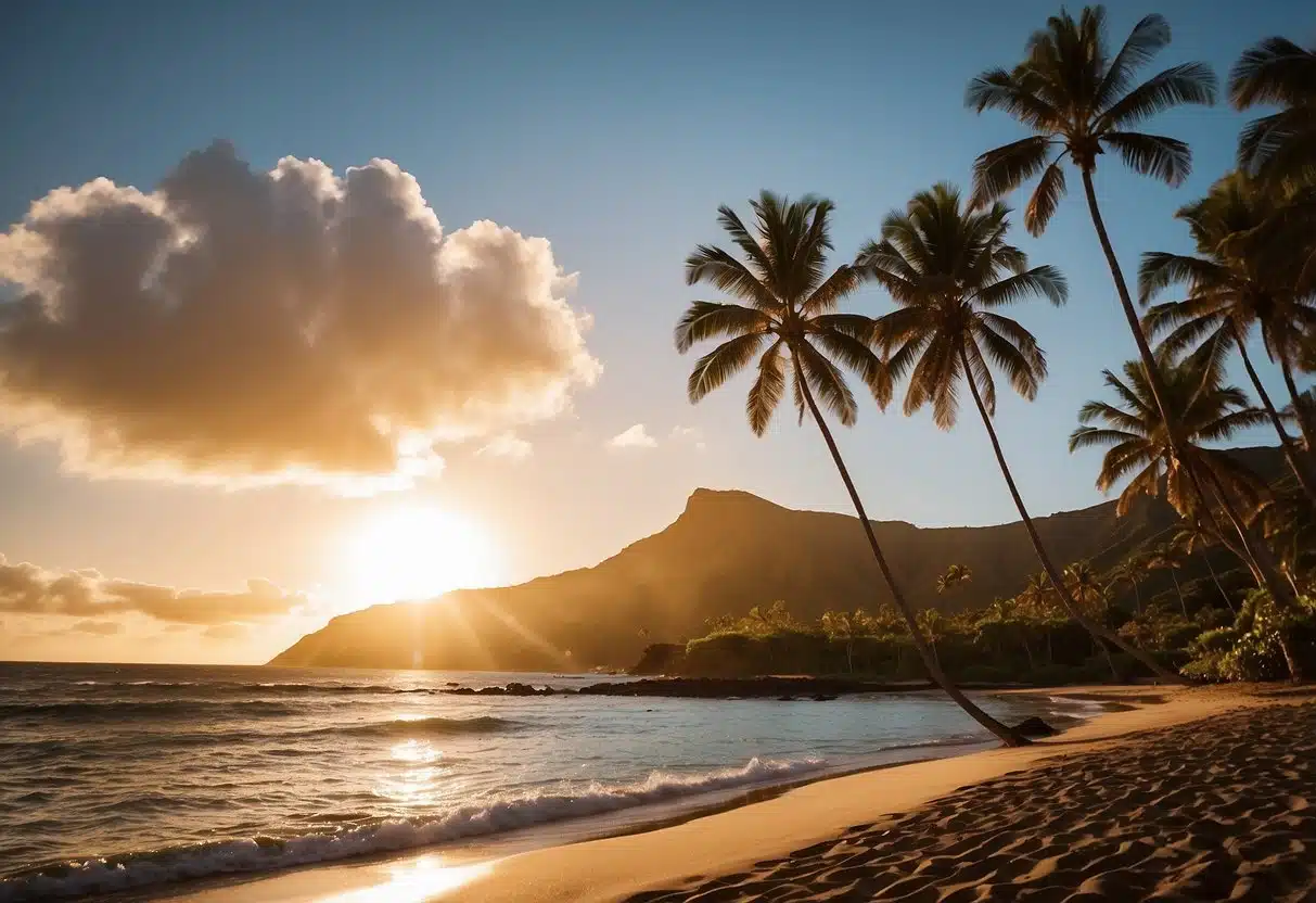 The sun sets behind Diamond Head, casting a warm glow over the iconic volcanic crater and surrounding landscape. Palm trees sway in the gentle breeze as waves crash against the shore below