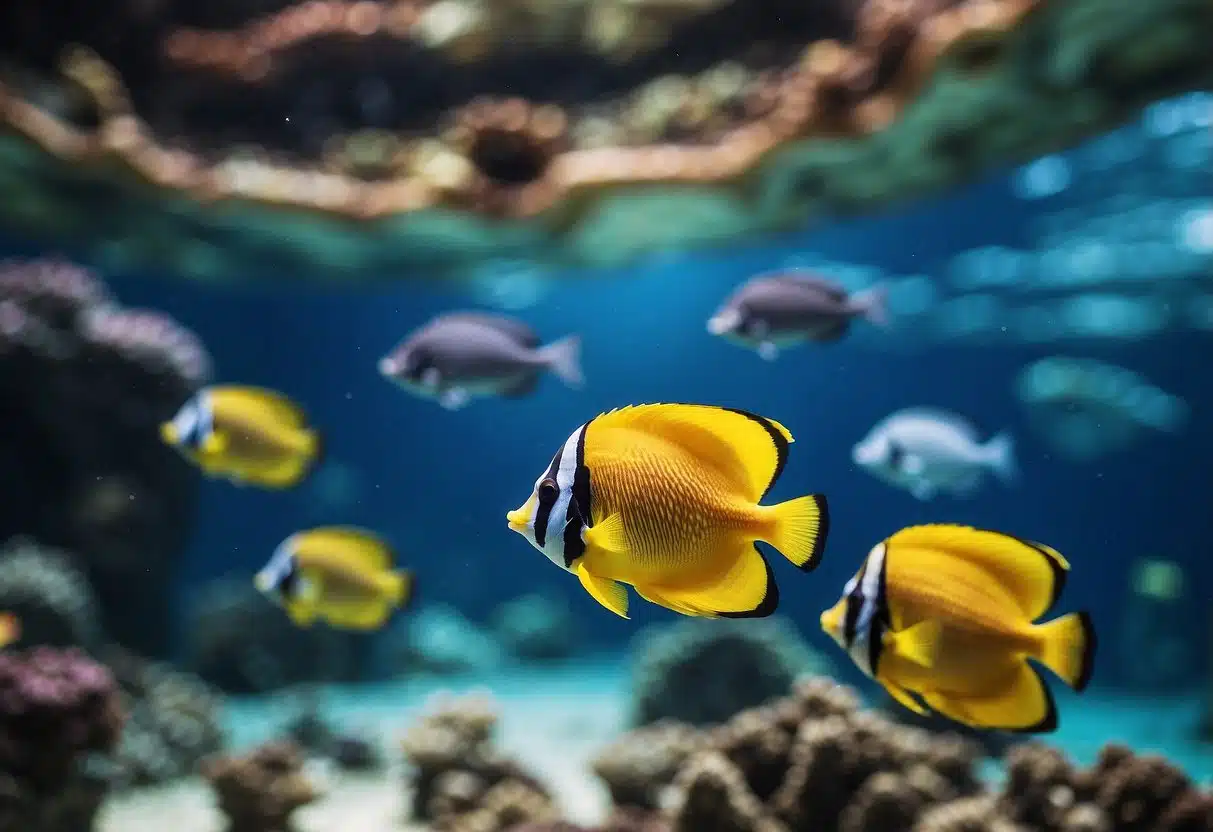 The Maui Ocean Center is a vibrant and bustling marine attraction, with colorful fish and coral reefs, and a backdrop of crystal-clear blue waters