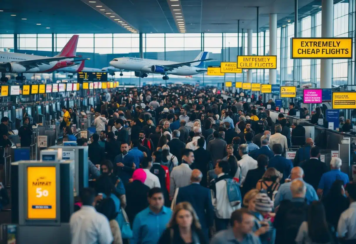 A crowded airport with planes taking off and landing, long lines at ticket counters, and bright signs advertising extremely cheap flights