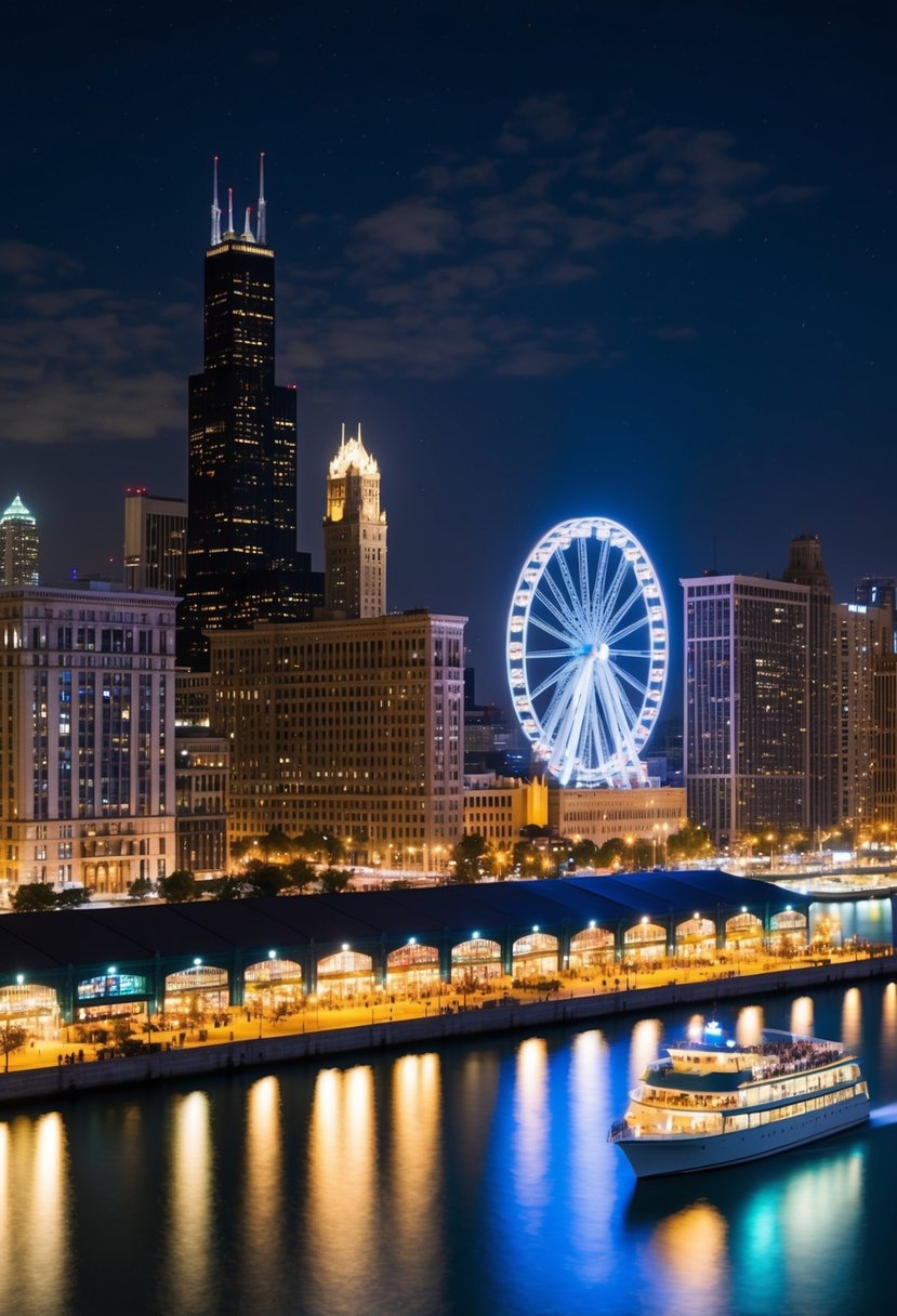 A starlit skyline of Chicago with illuminated buildings, a glowing Ferris wheel on Navy Pier, bustling nightlife in the streets, and a moonlit boat cruise on Lake Michigan