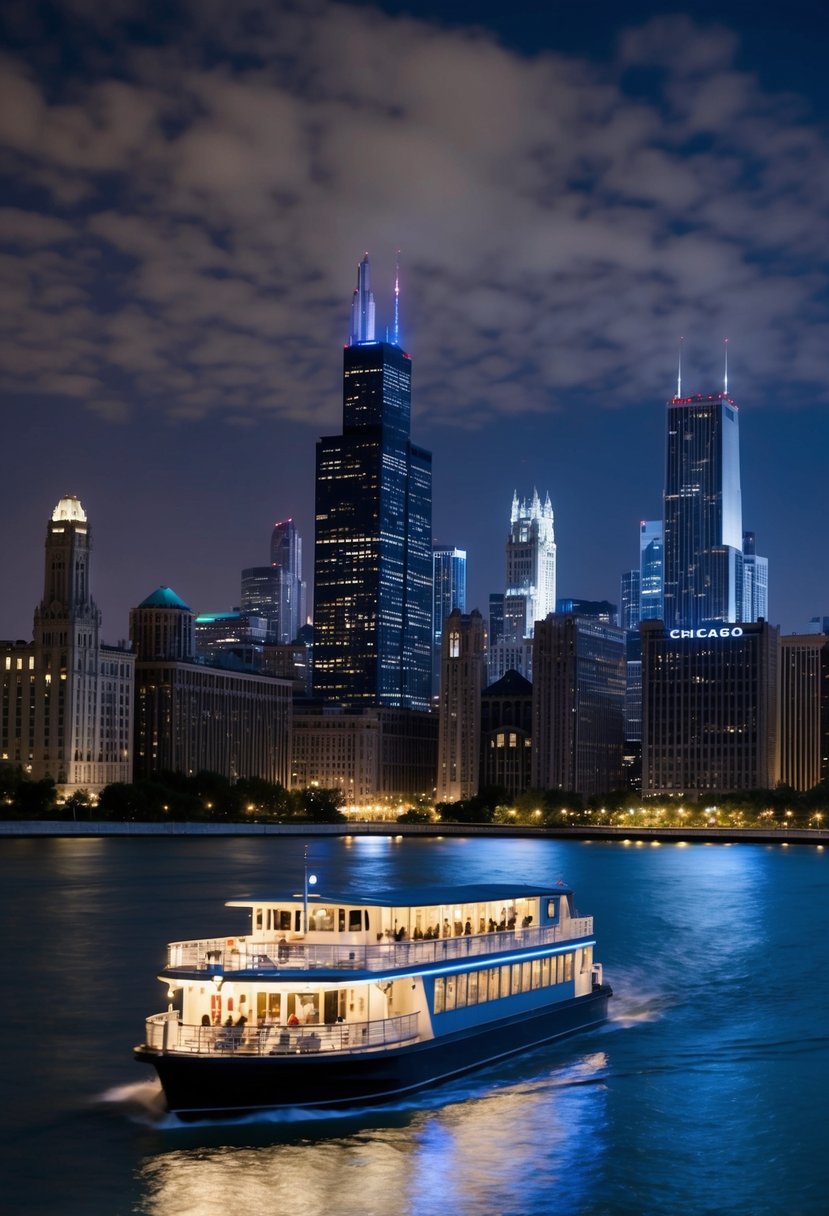 A riverboat glides through Chicago's illuminated skyline, showcasing iconic architectural landmarks against the night sky