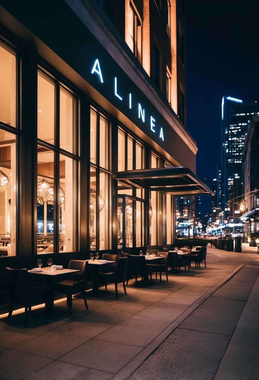 Alinea restaurant at night, with elegant exterior and warm, inviting glow. City lights and bustling streets in the background