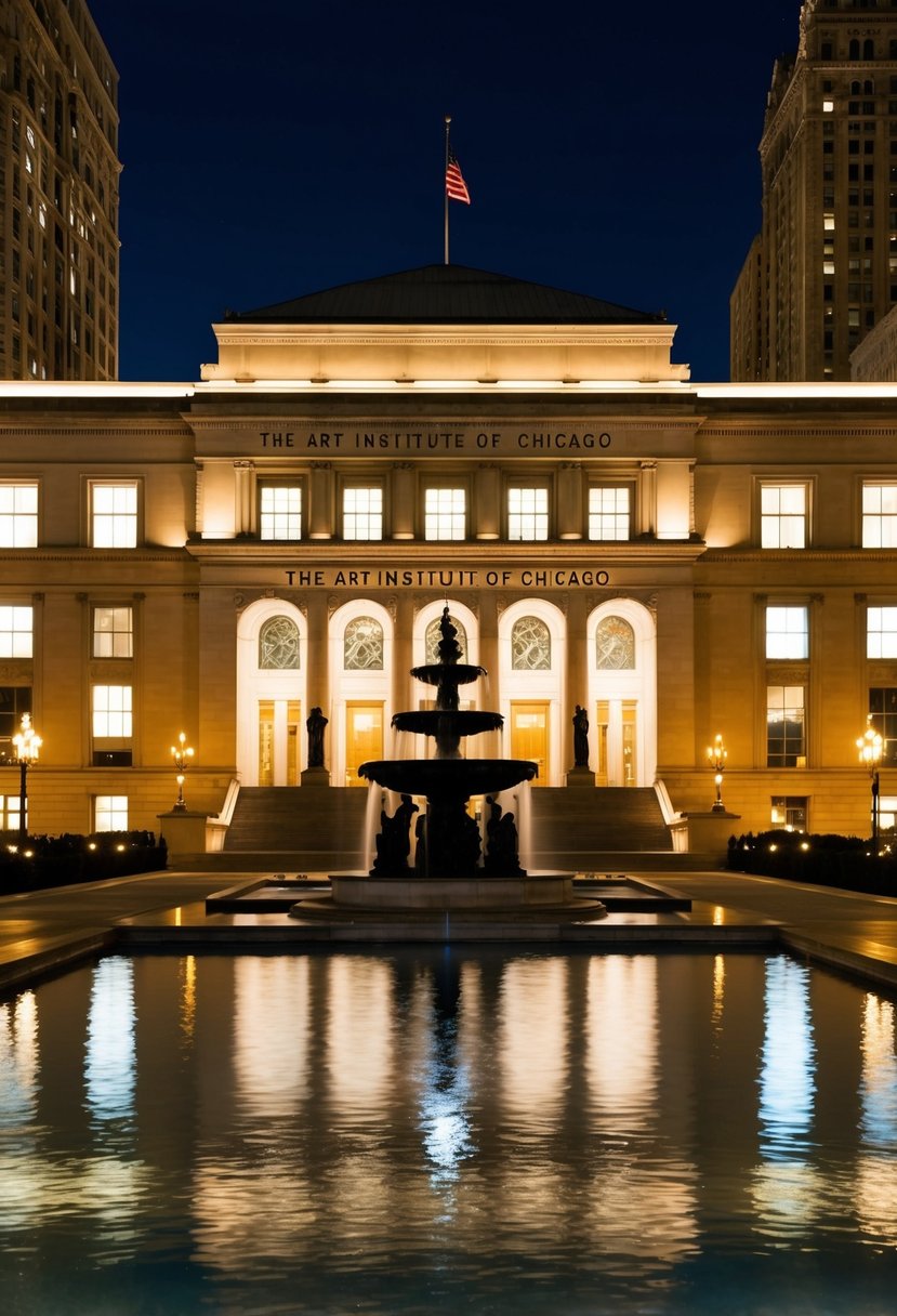 The Art Institute of Chicago at night: lights illuminate the grand exterior, casting a warm glow on the surrounding architecture and reflecting in the nearby fountain