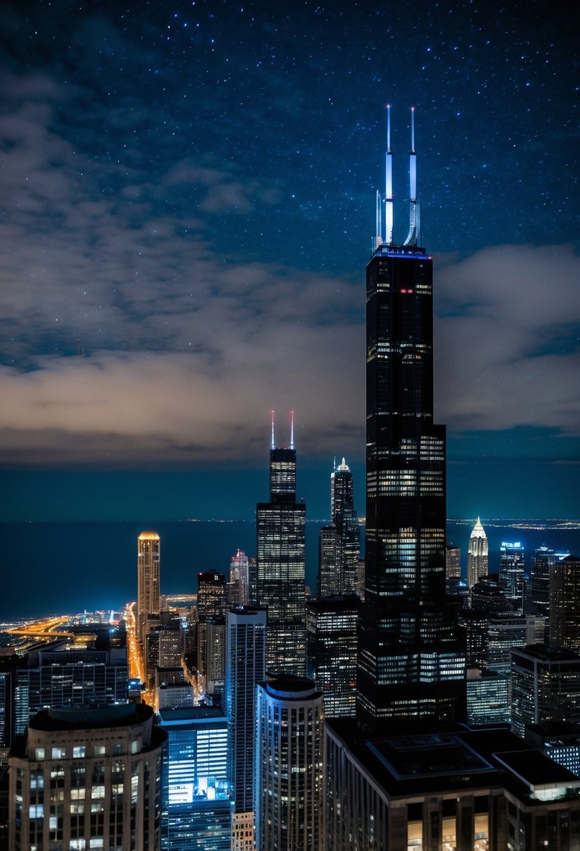 The 360 Chicago Observation Deck at night, with city lights, skyline, and a starry sky