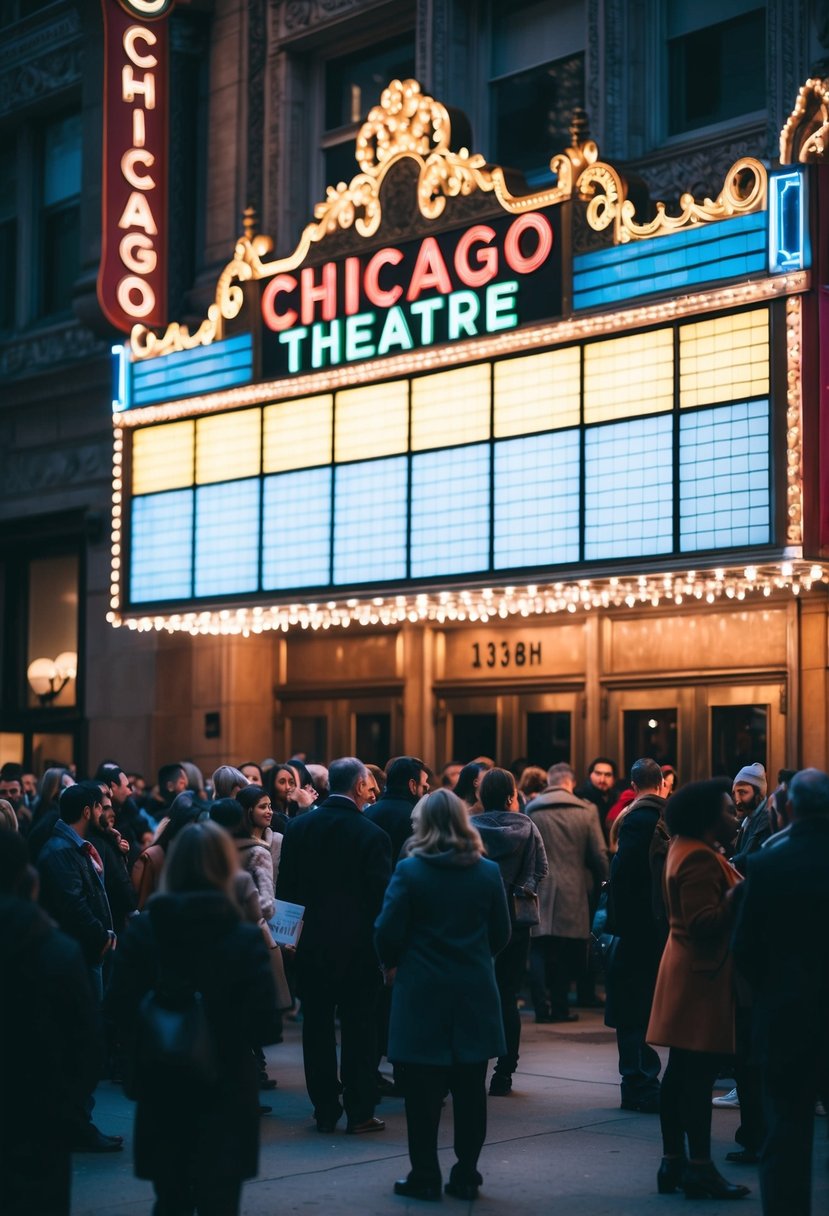 A colorful marquee lights up the night outside The Chicago Theatre, as a crowd gathers for a performance