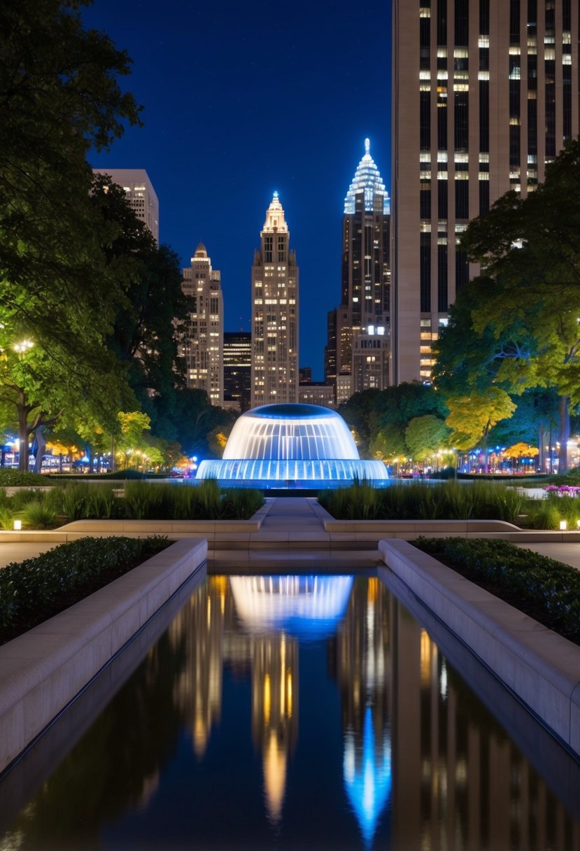 A nighttime stroll through Millennium Park, with the iconic Cloud Gate sculpture reflecting the city lights, the Pritzker Pavilion illuminated for a concert, and the Crown Fountain glowing with colorful images