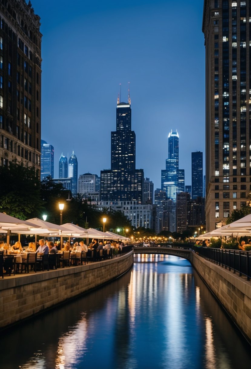 A view of the Chicago Riverwalk at night, with glowing city lights reflecting on the water, people dining at outdoor cafes, and the iconic skyline in the background