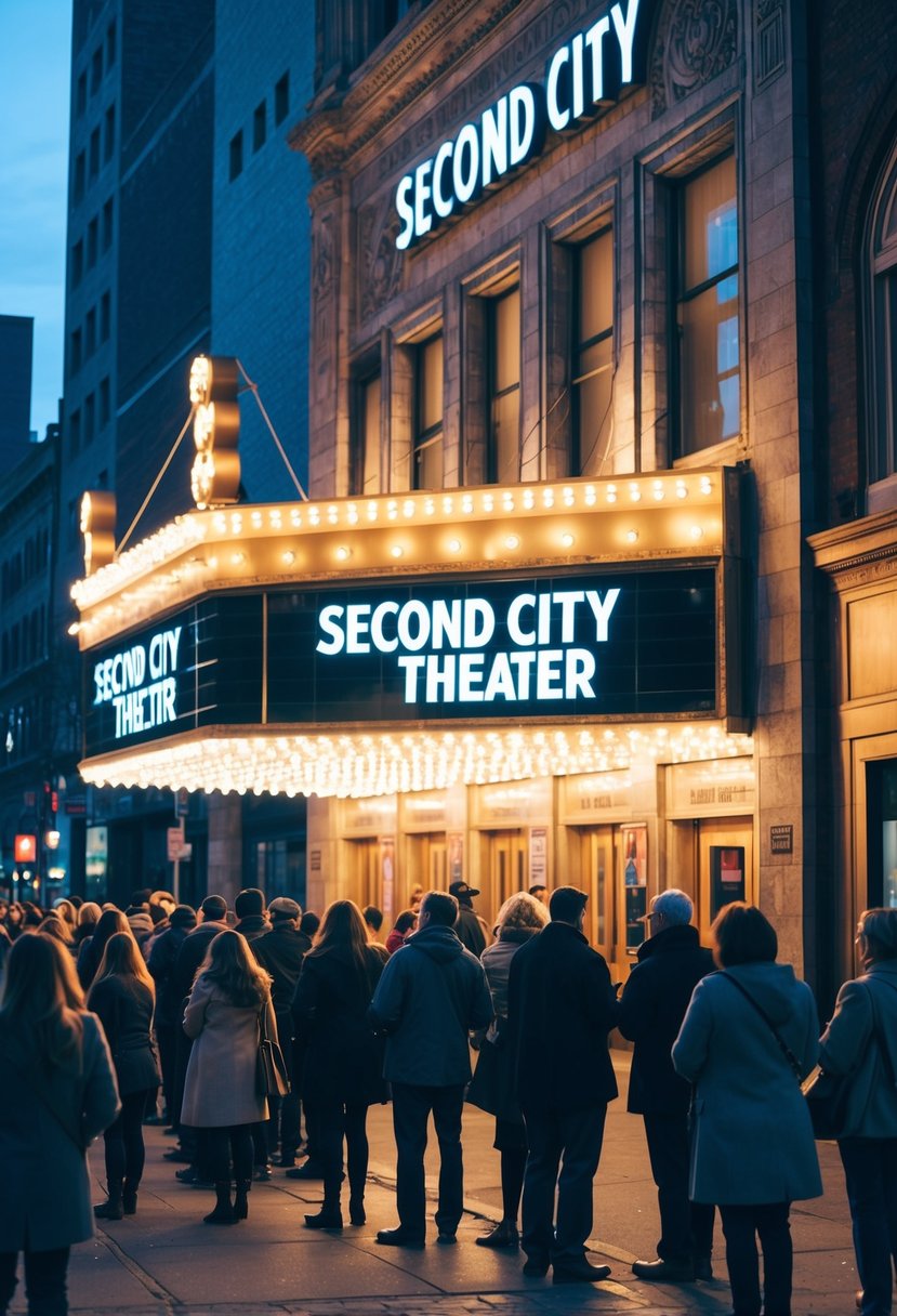 The bright lights of The Second City theater illuminate the bustling street as people line up outside, eagerly awaiting the start of the show