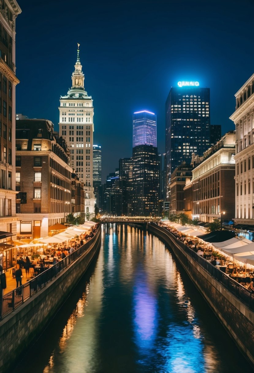 Cityscape with illuminated buildings, bustling nightlife, street performers, and outdoor dining. Reflection of lights on the river