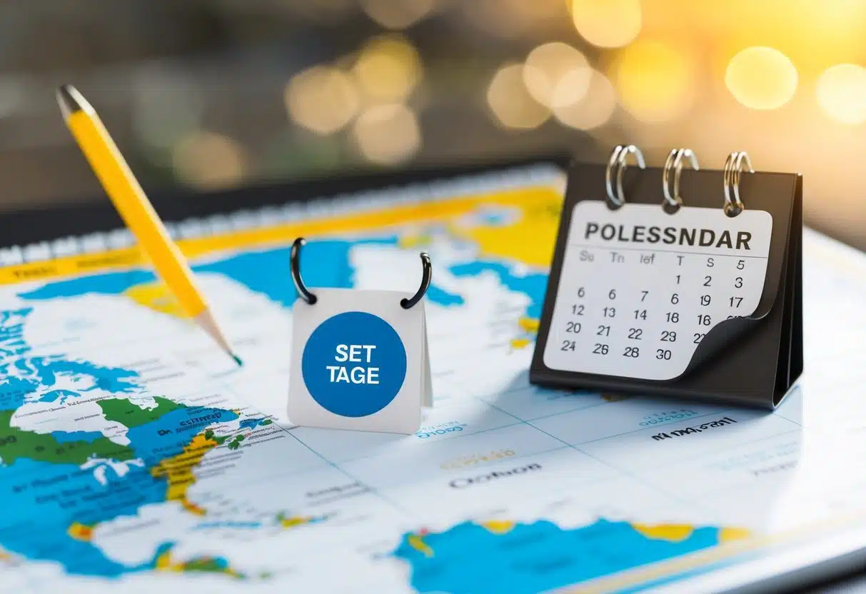 A map with multiple destinations and a calendar showing set dates. A price tag icon indicating extremely low prices