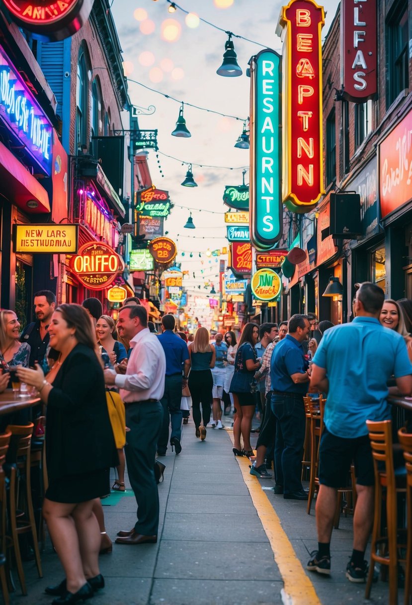 A bustling street lined with colorful neon signs, lively bars, and restaurants. Music spills out onto the sidewalk as people chat and laugh, creating a vibrant and energetic atmosphere