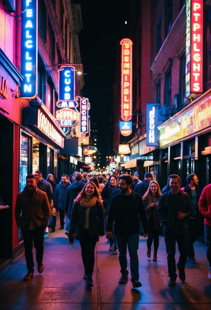 A bustling city street at night, neon lights illuminating bars and clubs. People walk by, music and laughter spill out from open doors