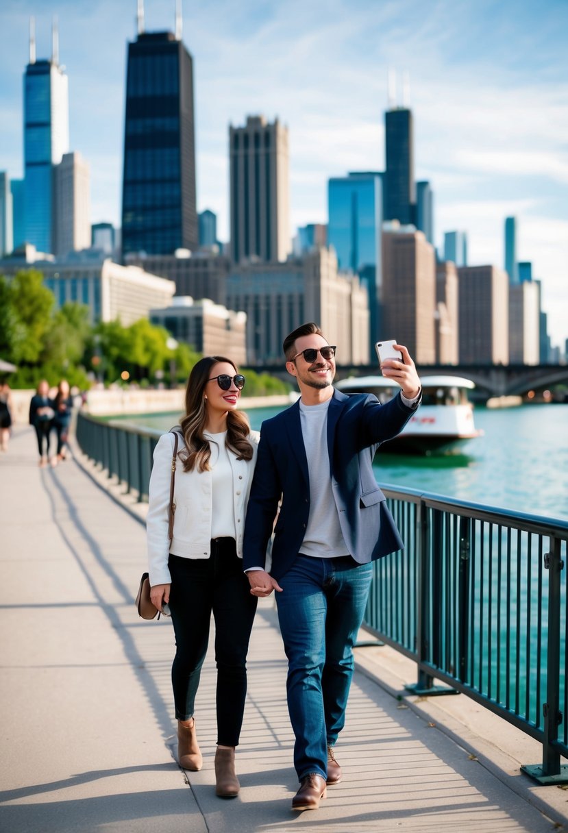 A couple strolling along the Chicago Riverwalk, admiring the city skyline and stopping to take a romantic selfie. They then enjoy a scenic boat tour, followed by a romantic dinner at a waterfront restaurant