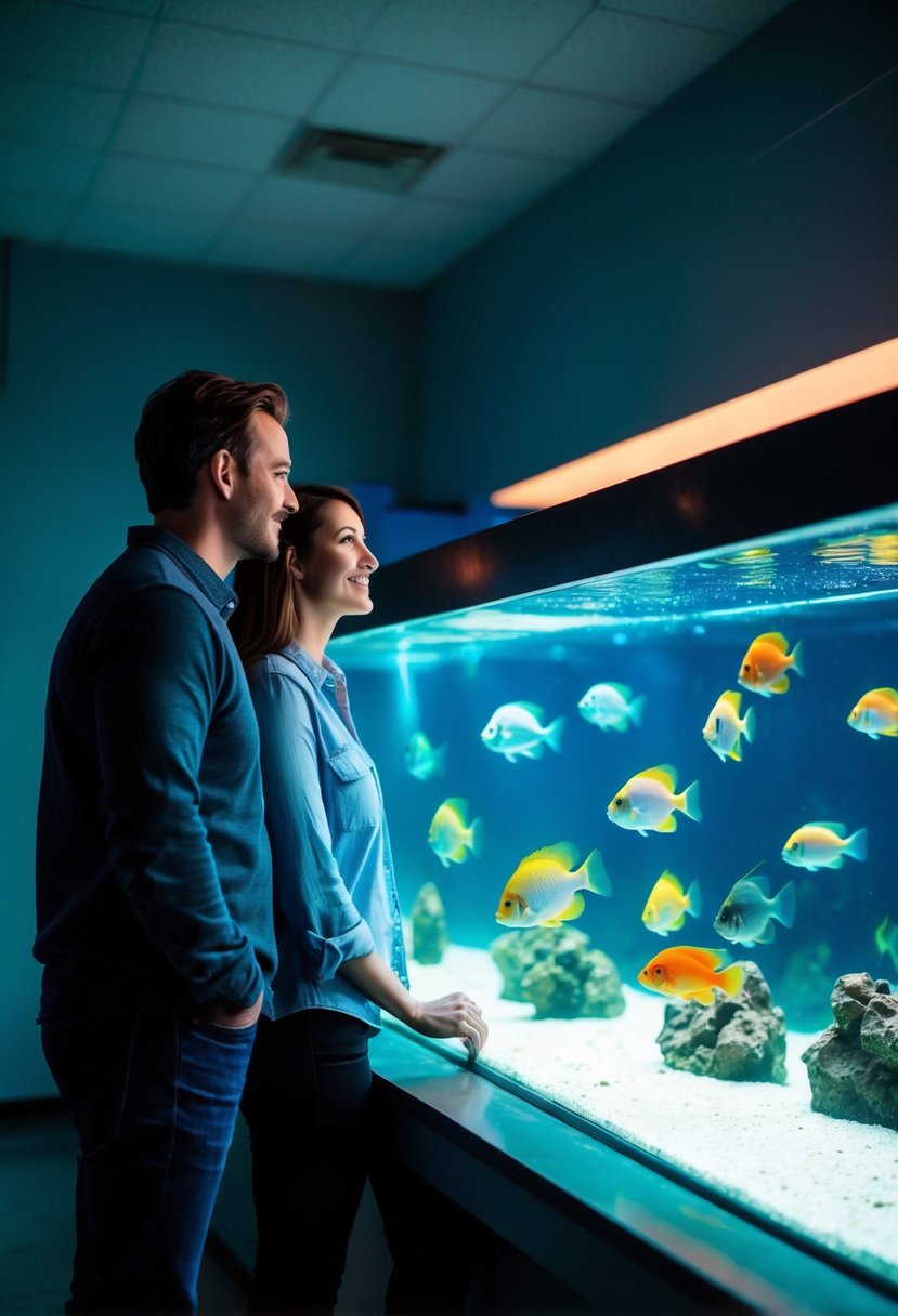 A couple admires the colorful fish in a large tank at the Shedd Aquarium. The room is dimly lit, with the glow of the tank casting a soft, blue light on their faces