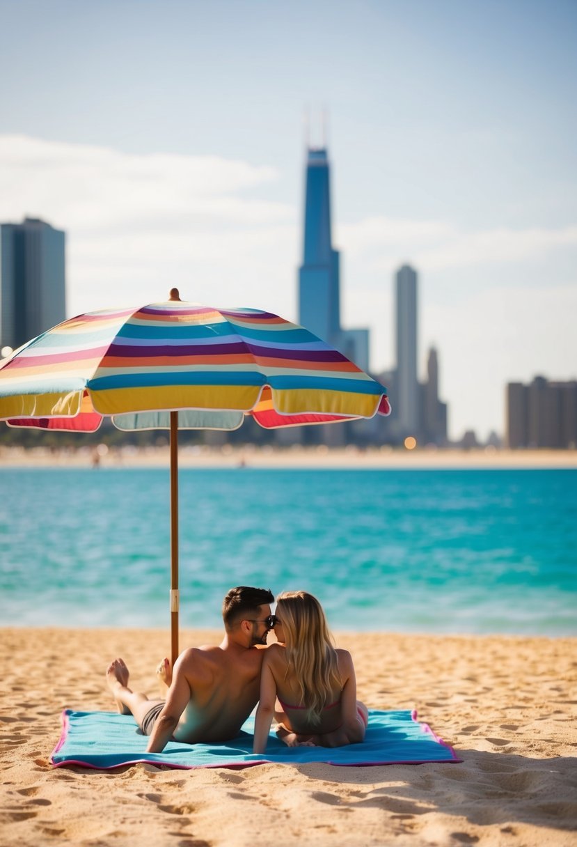 A couple lounges on a colorful beach towel under a striped umbrella, surrounded by golden sand and the sparkling waters of Oak Street Beach in Chicago