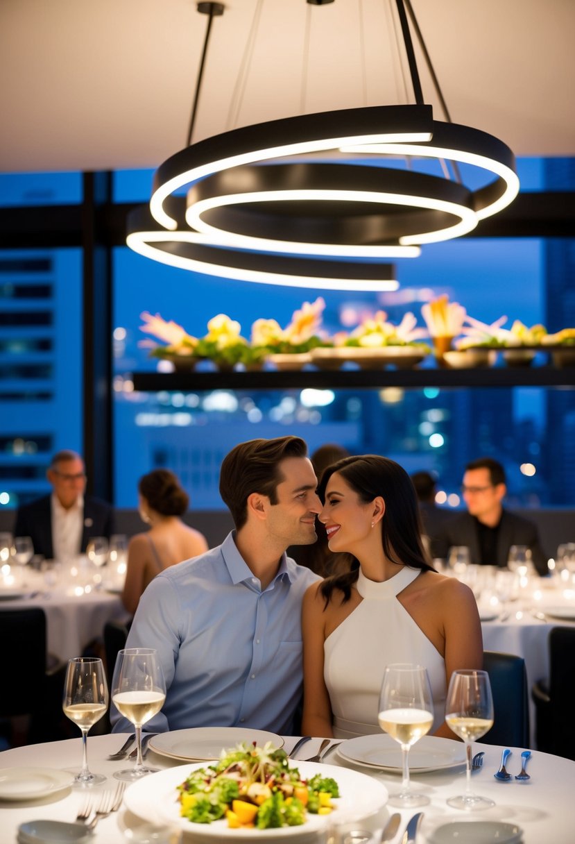 A couple enjoys an elegant dinner at Alinea, surrounded by avant-garde culinary presentations in a modern and sophisticated dining setting