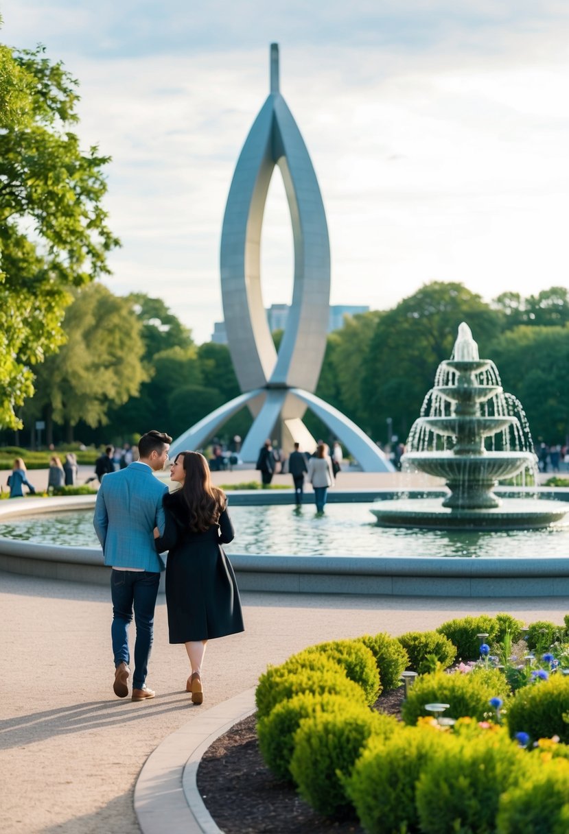 Couples stroll through Millennium Park, admiring the Cloud Gate sculpture, taking photos at the Crown Fountain, and enjoying the serene Lurie Garden