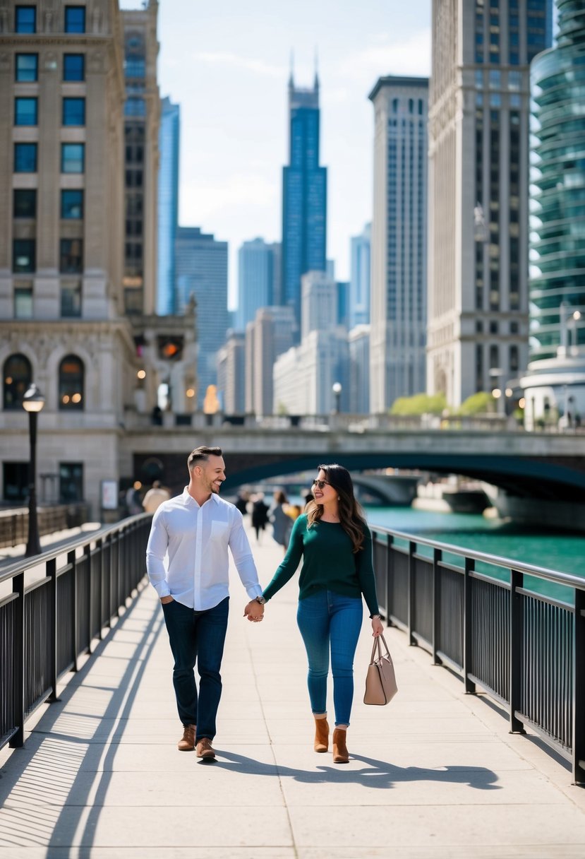 A couple strolling along the Chicago Riverwalk, passing by iconic landmarks such as the Wrigley Building, Tribune Tower, and the iconic Marina City towers