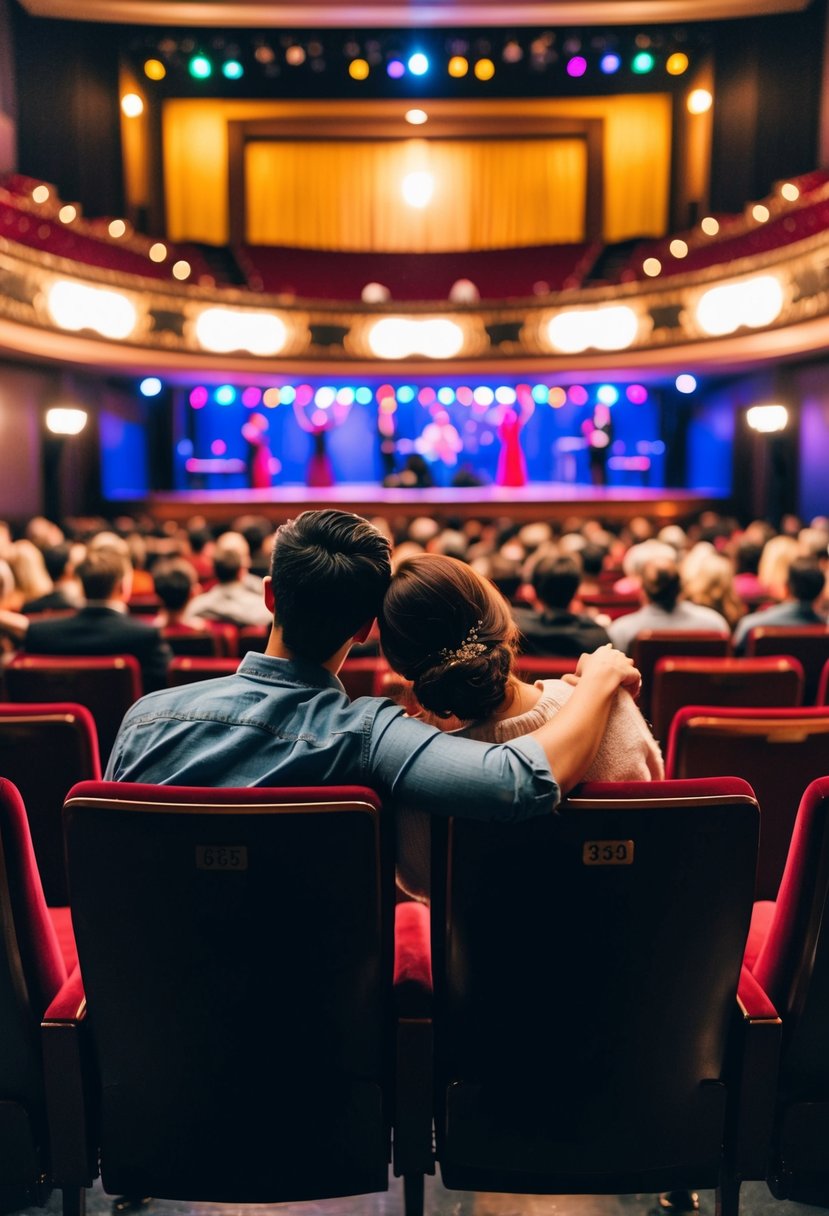 A couple sits in plush seats, watching a play at Chicago Theatre. The stage is lit with colorful lights, and the actors perform with passion