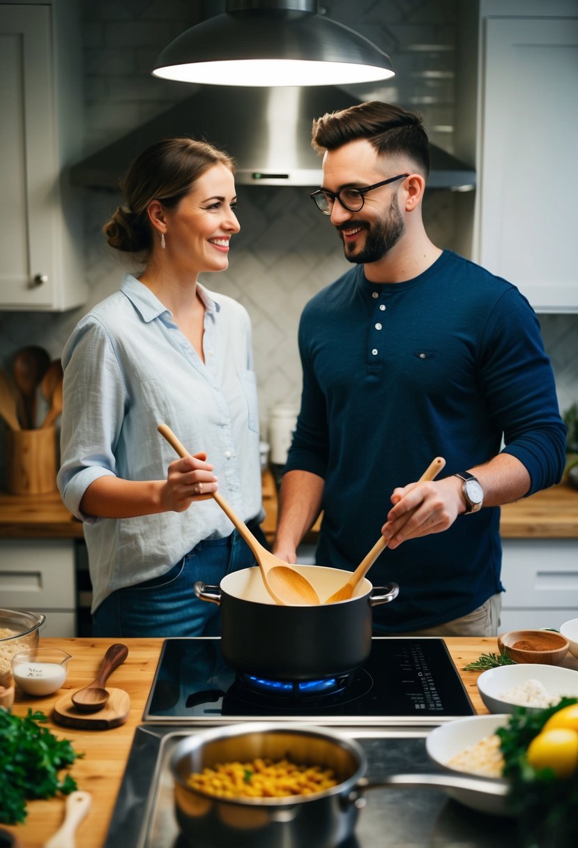 A couple stands side by side, each holding a wooden spoon and stirring a pot on a stove. Ingredients and utensils are scattered on the kitchen counter