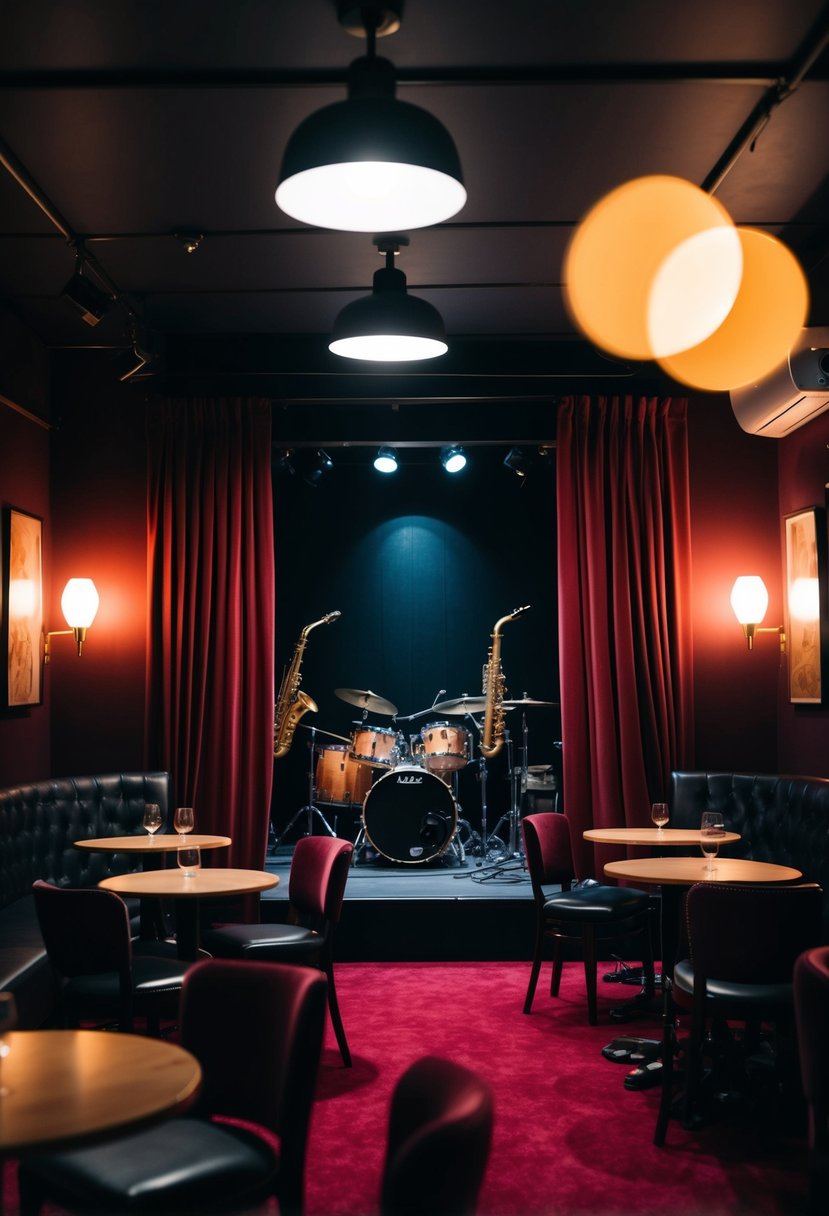 A dimly lit jazz club with a small stage, red velvet curtains, and intimate seating. The room is filled with the sound of smooth saxophones and rhythmic drum beats