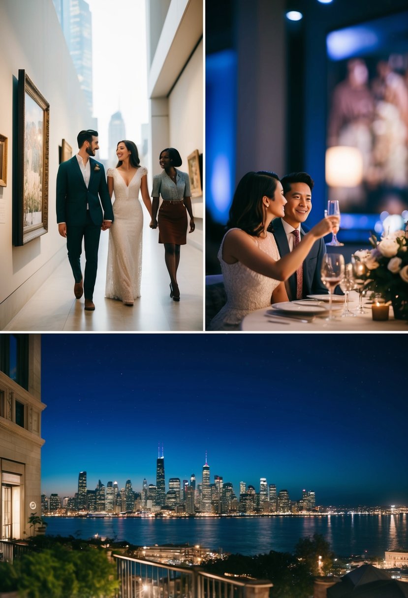 A couple strolling through an art museum, attending a live theater performance, and enjoying a romantic dinner overlooking the city skyline