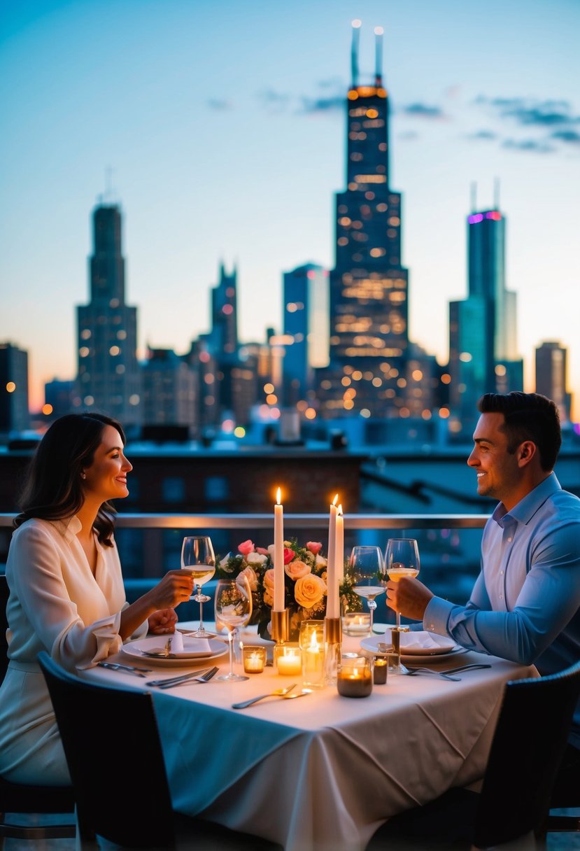 A couple enjoys a candlelit dinner with a city skyline view at a rooftop restaurant in Chicago. The table is adorned with flowers and the atmosphere is intimate and romantic