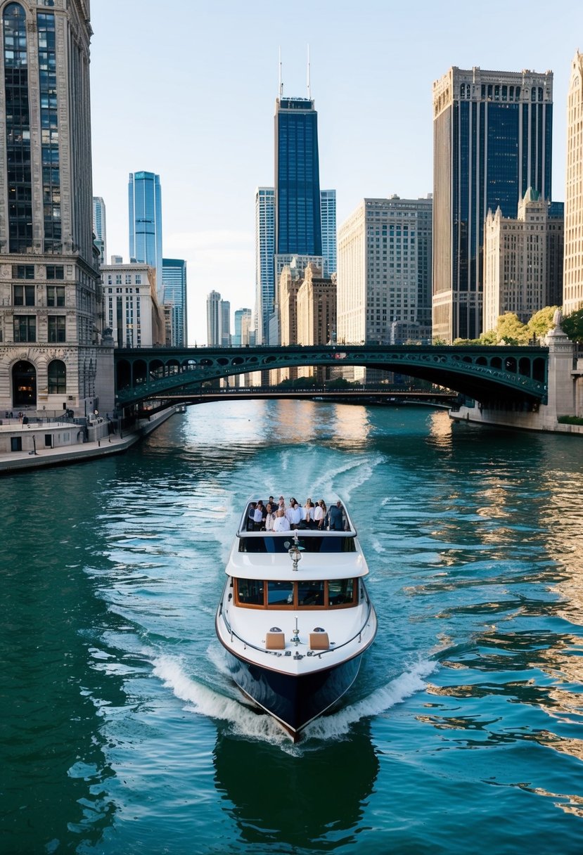 A boat glides along the Chicago River, passing under iconic bridges and skyscrapers. The water reflects the city's stunning architecture, creating a picturesque setting for couples