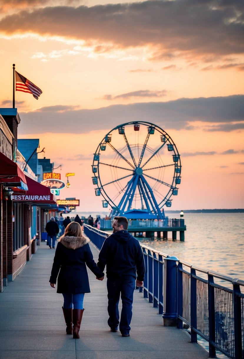 A couple strolls along Navy Pier, passing by the Ferris wheel, shops, and restaurants. The sun sets over Lake Michigan, casting a warm glow on the scene