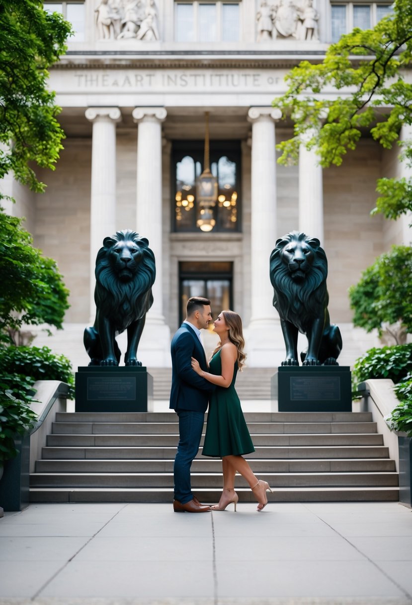 The Art Institute of Chicago: A couple admires the iconic lions at the entrance, surrounded by lush greenery and the grandeur of the museum's architecture