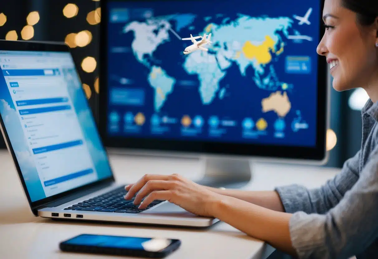 1. A person using a computer to search for flights.
2. A map with various destinations and flight options.
3. A happy traveler booking a flight online