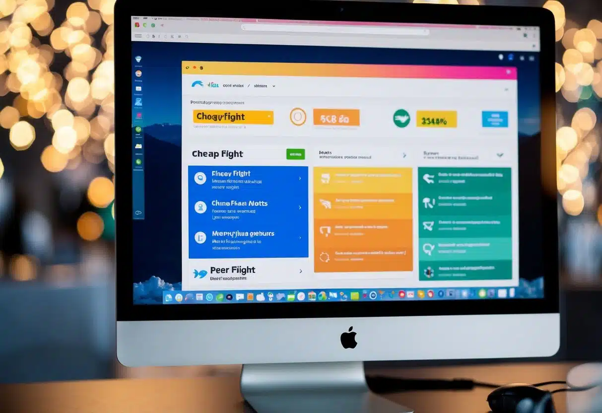 A computer screen with a website displaying a list of cheap flight options and alerts. The screen shows colorful graphics and easy navigation