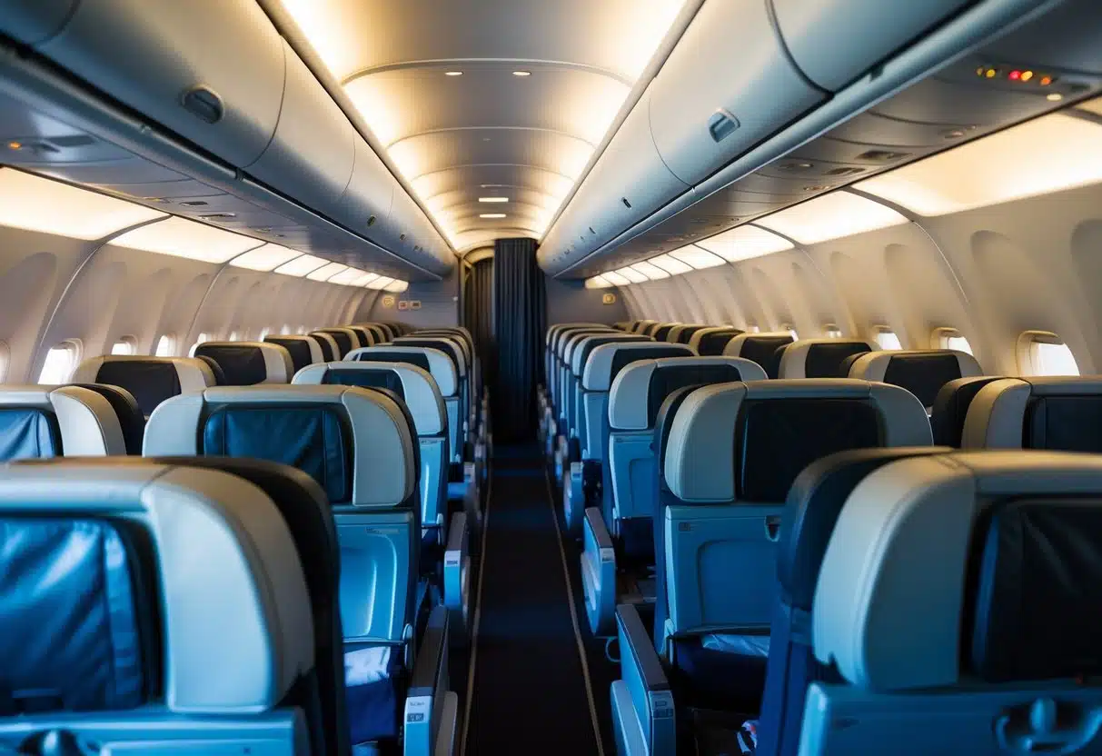 A cramped airplane cabin with seats closely packed together, showing no room for movement or flexibility