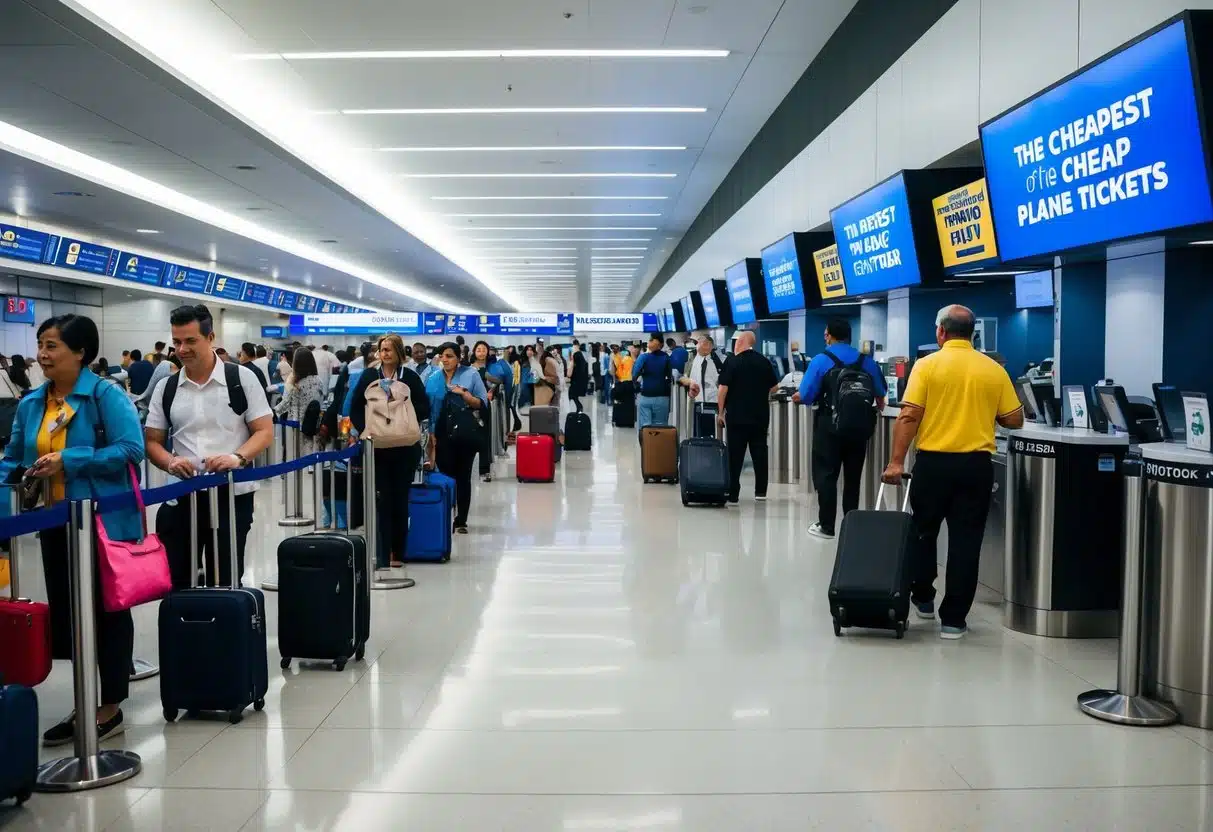 A crowded airport terminal with long lines at budget airline counters, passengers carrying minimal luggage, and signs advertising "The Cheapest of the Cheap Plane Tickets."